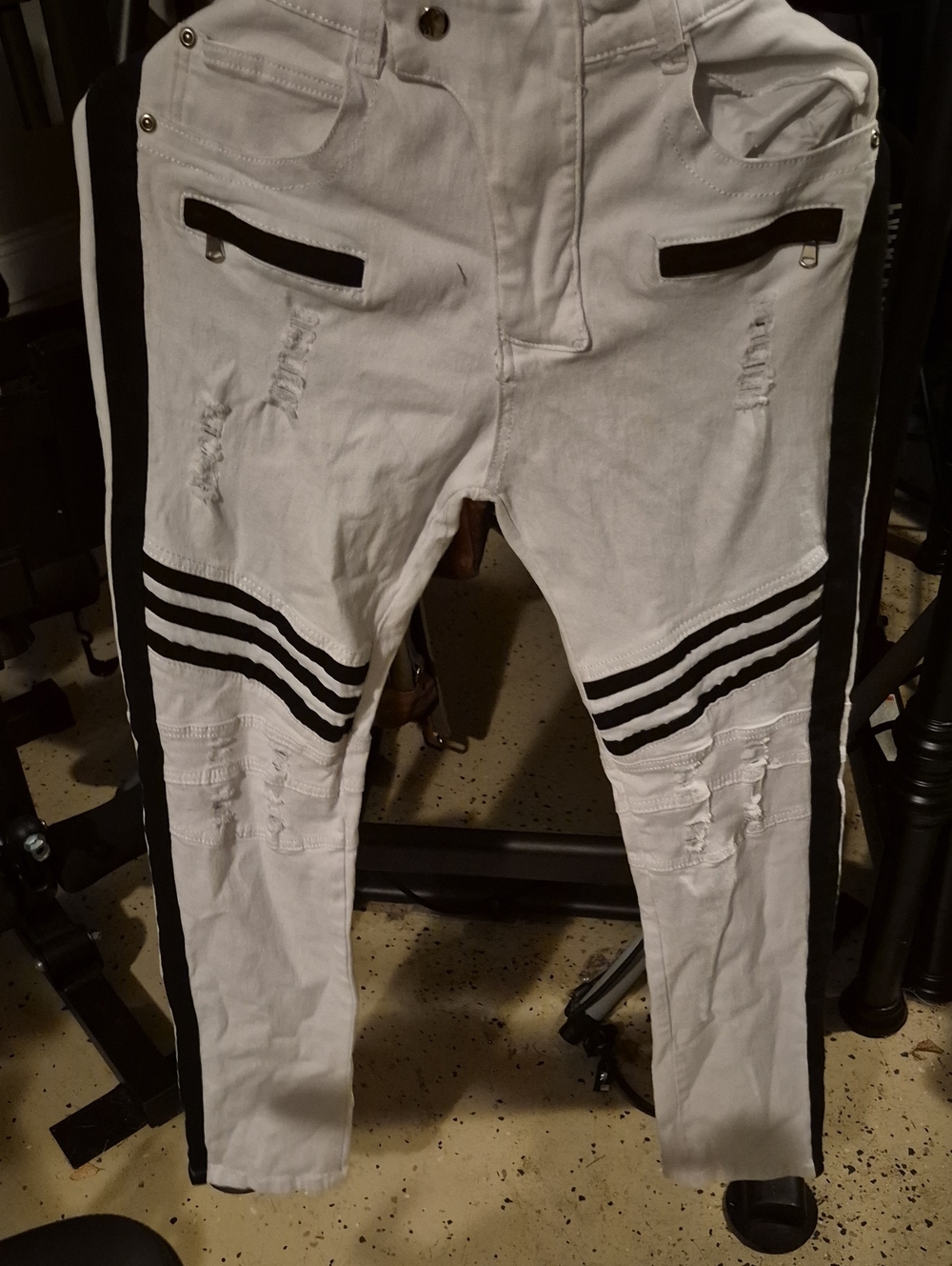 Men's White Distressed Slim Fit Pants with Black Stripe Detail